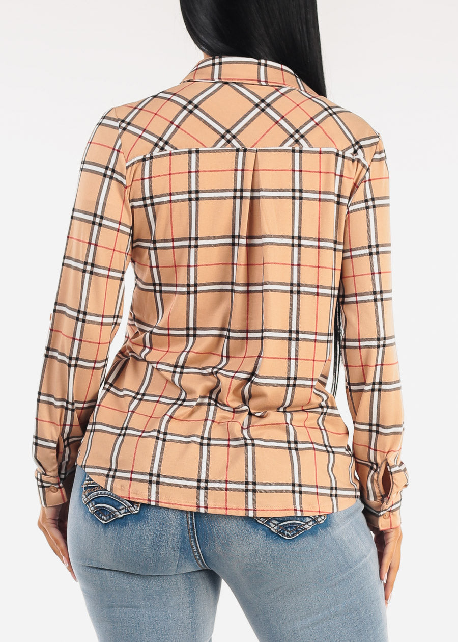 Stretch Long Sleeve Plaid Button Up Collared Blouse Taupe