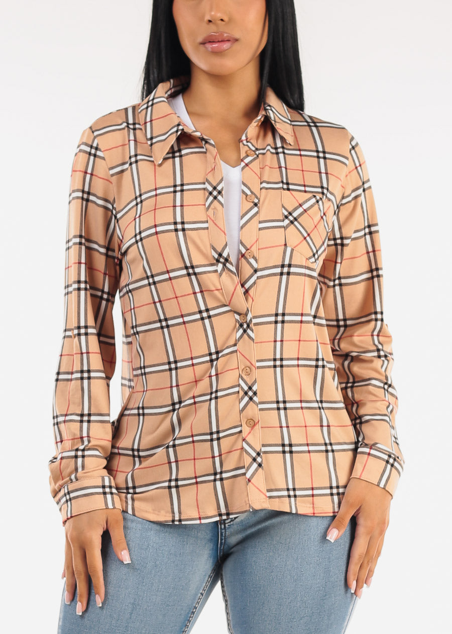 Stretch Long Sleeve Plaid Button Up Collared Blouse Taupe