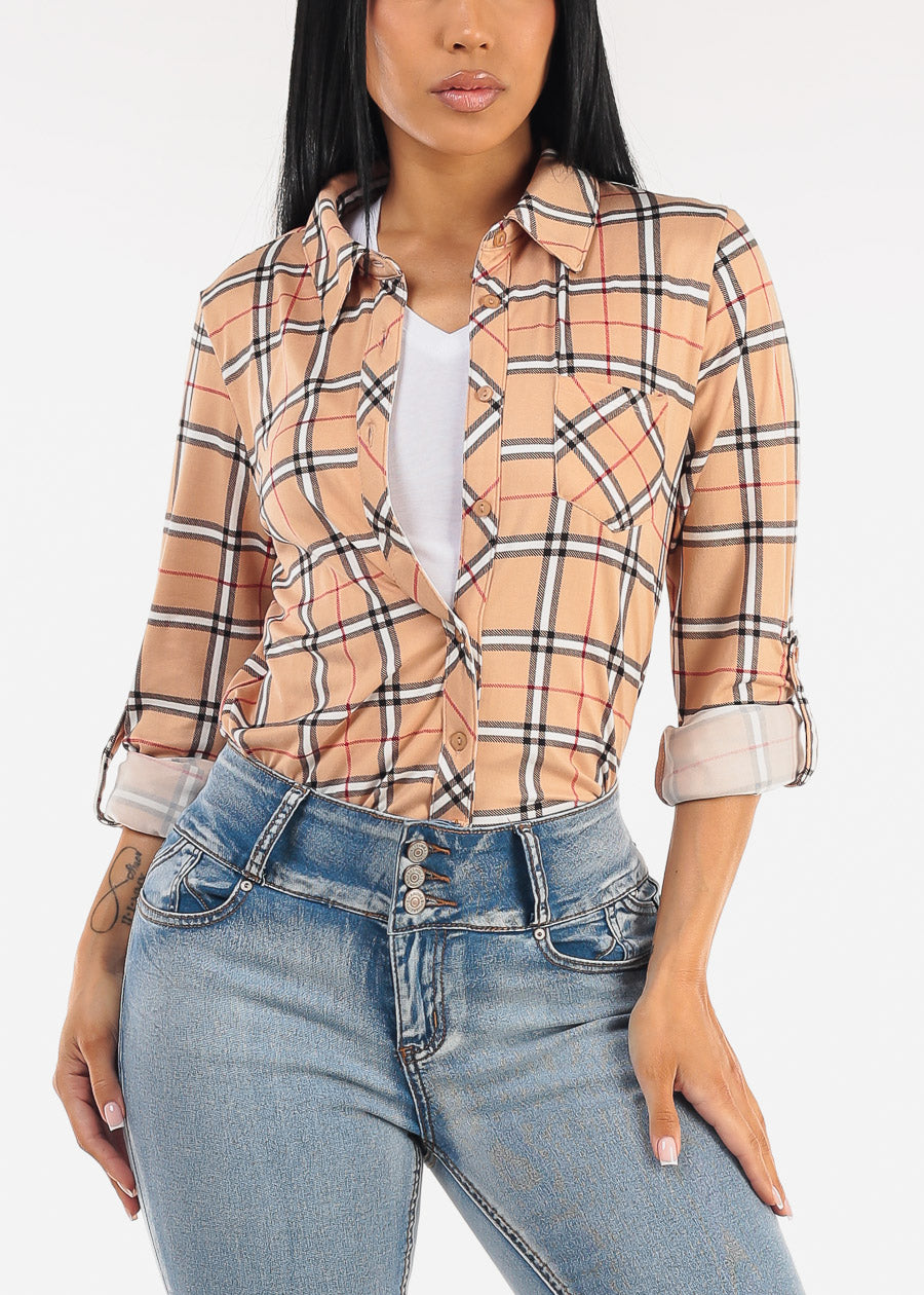 Stretch Long Sleeve Plaid Button Up Collared Blouse Taupe