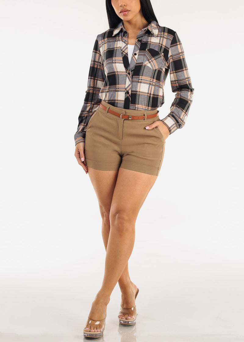 Stretch Long Sleeve Plaid Button Up Collared Blouse Grey