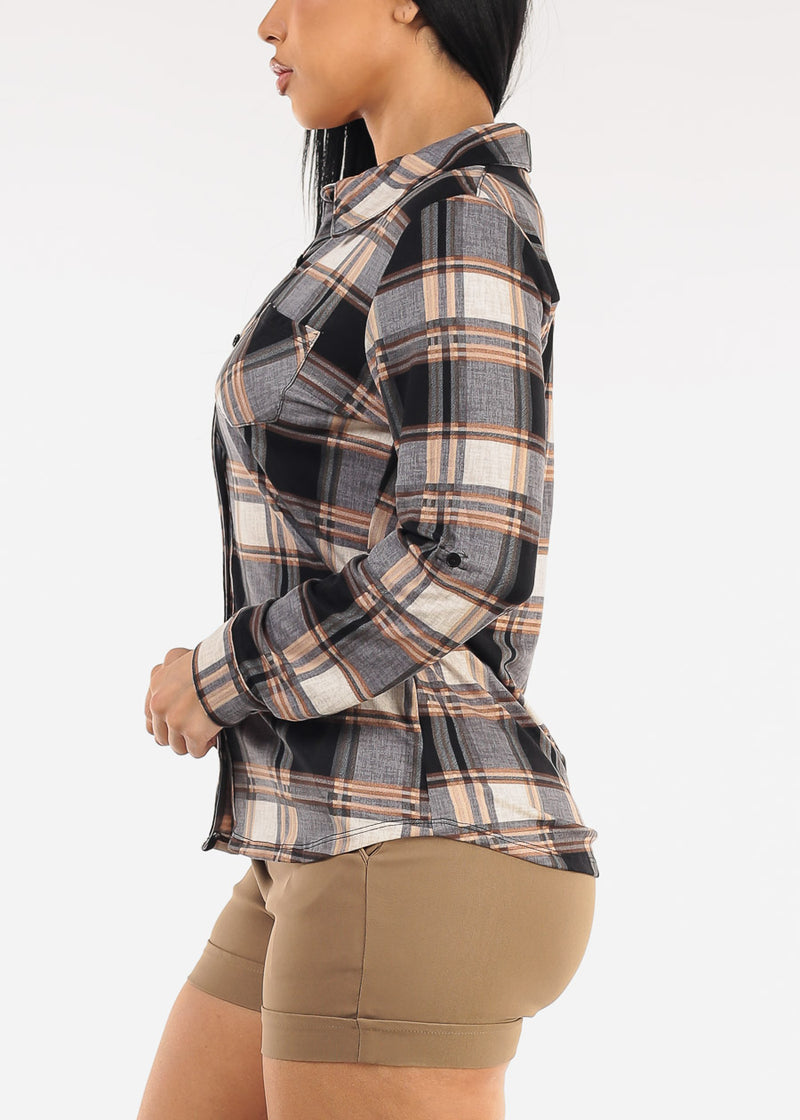 Stretch Long Sleeve Plaid Button Up Collared Blouse Grey