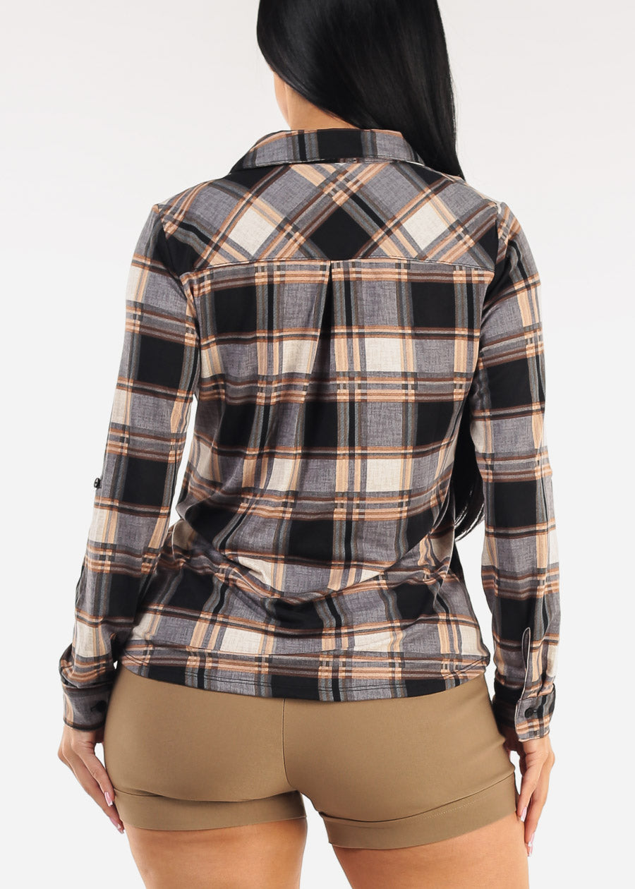 Stretch Long Sleeve Plaid Button Up Collared Blouse Grey