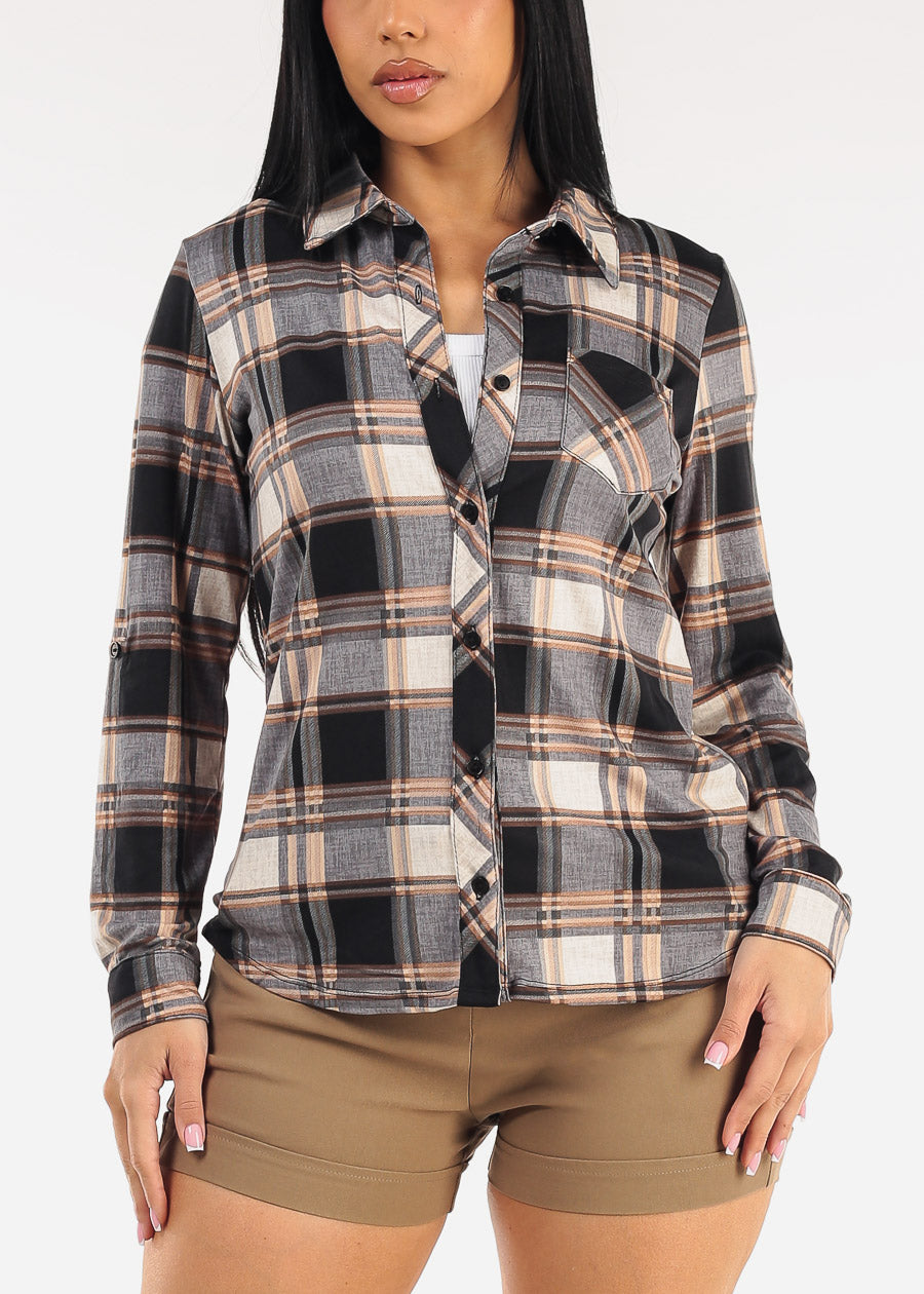 Stretch Long Sleeve Plaid Button Up Collared Blouse Grey