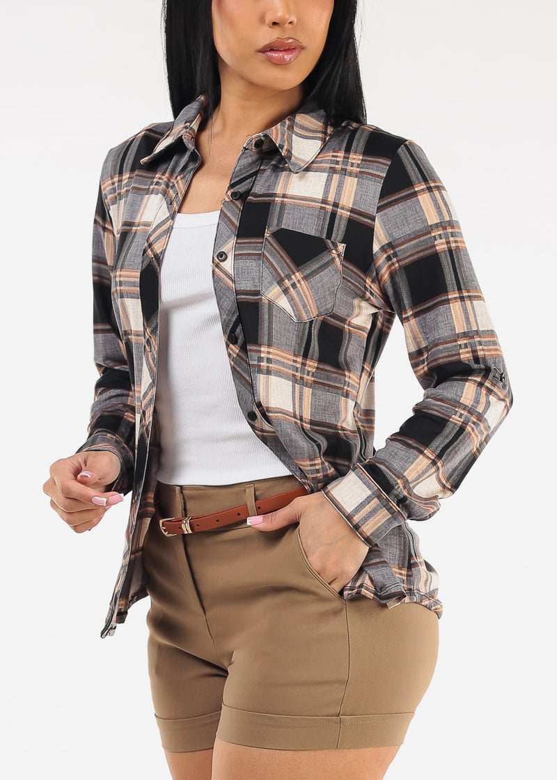 Stretch Long Sleeve Plaid Button Up Collared Blouse Grey