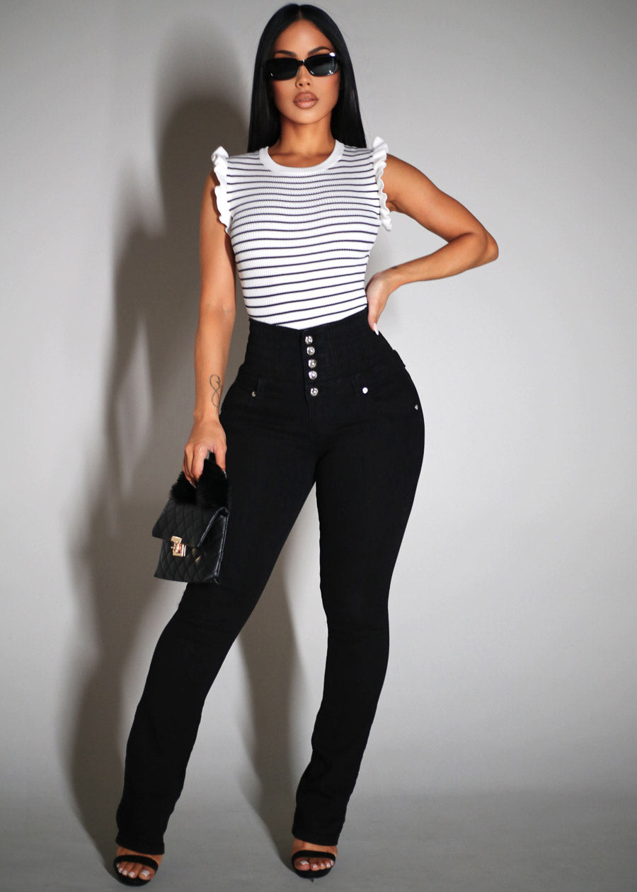 Ruffle Sleeves Stripe Stretch Sweater Ivory