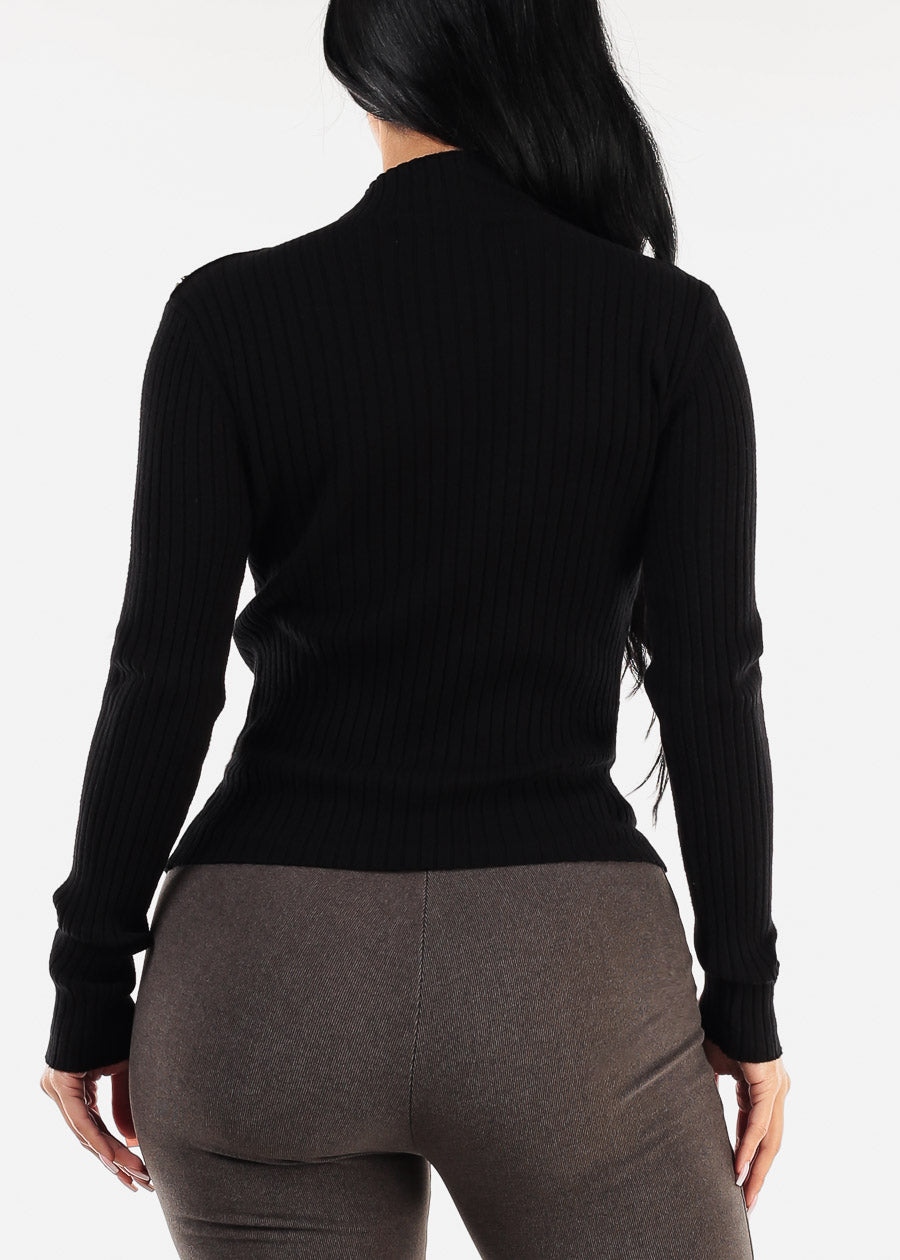 Long Sleeve Black Knitted Sweater w Button Detail