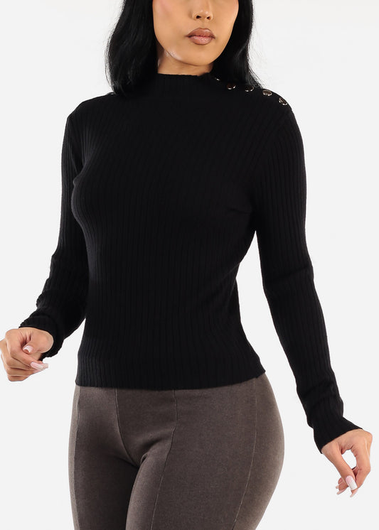 Long Sleeve Black Knitted Sweater w Button Detail