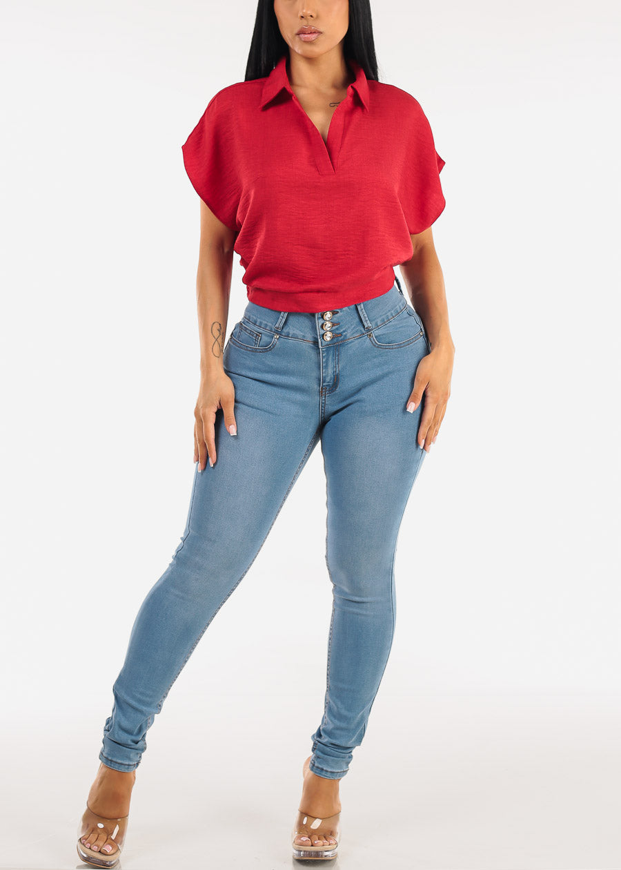 Short Sleeve Collared Linen Style Blouse Red