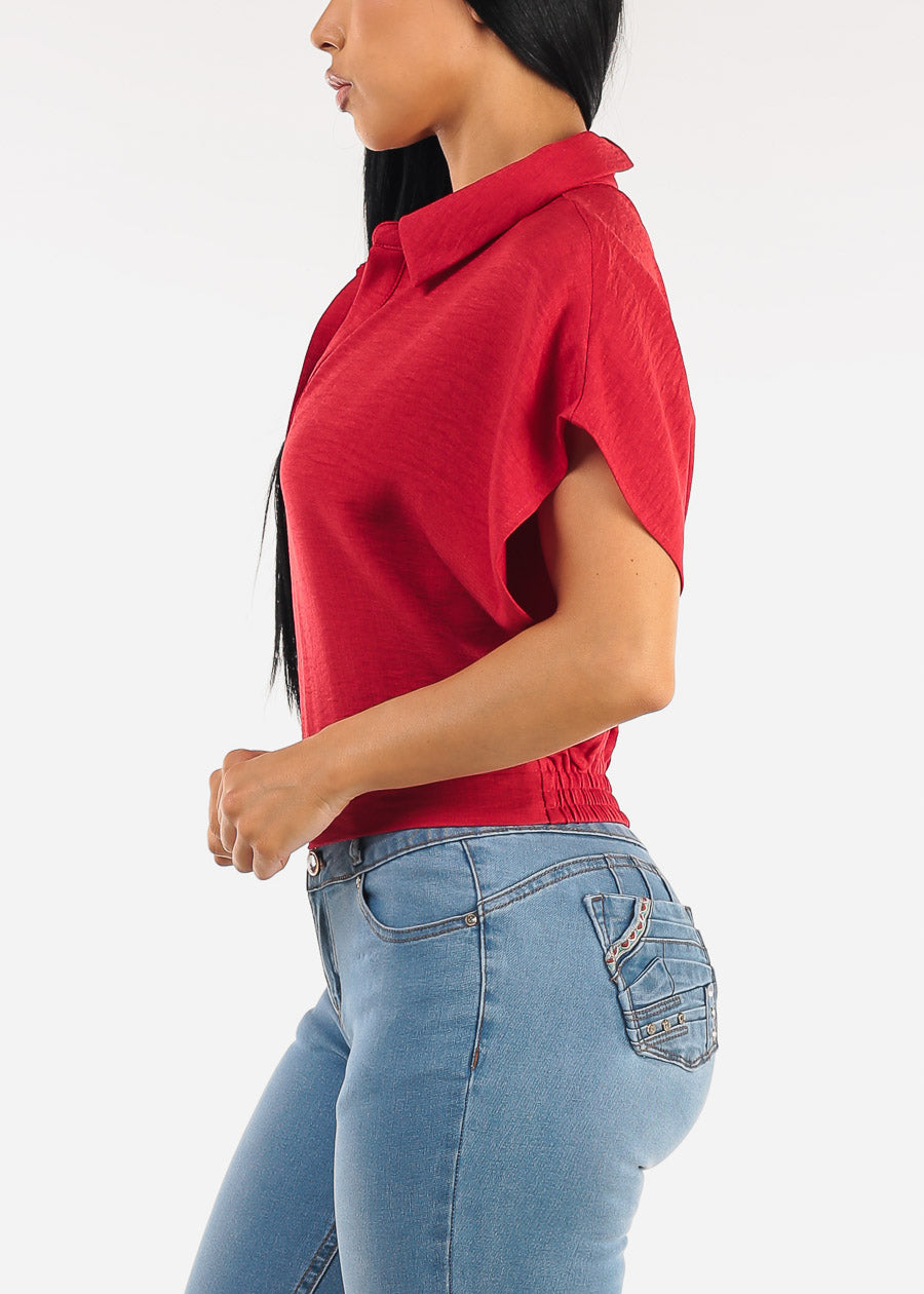 Short Sleeve Collared Linen Style Blouse Red