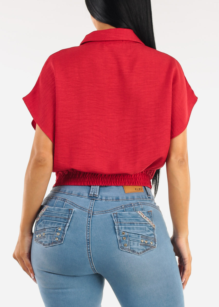 Short Sleeve Collared Linen Style Blouse Red