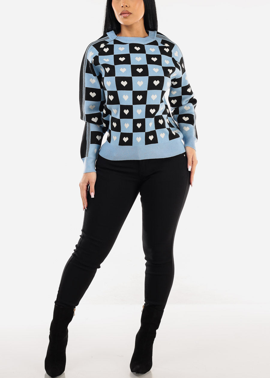 Round Neck Long Sleeve Printed Sweater Blue