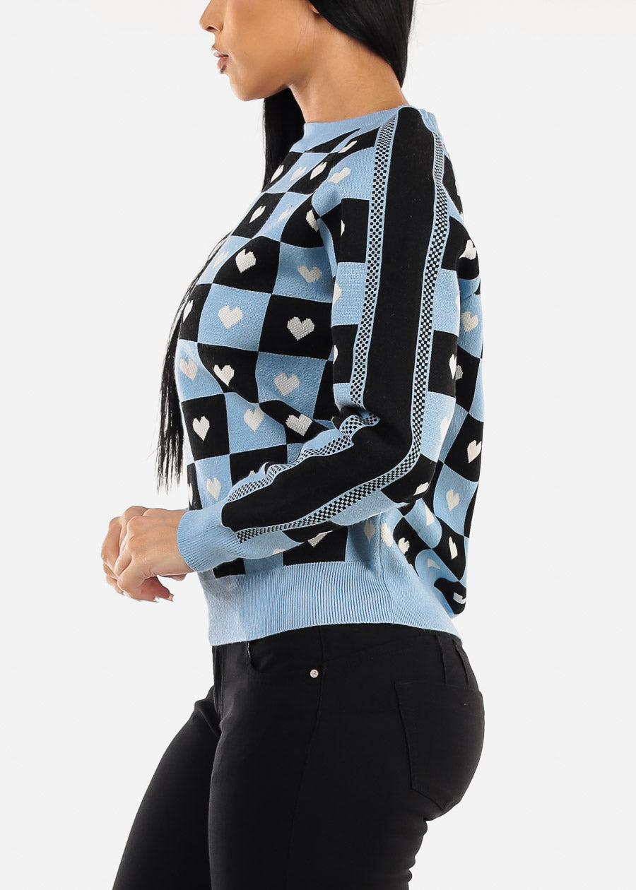 Round Neck Long Sleeve Printed Sweater Blue