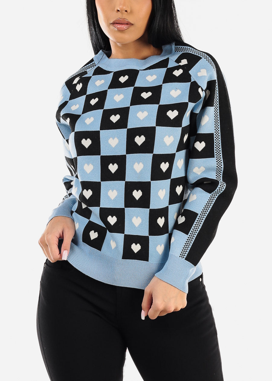 Round Neck Long Sleeve Printed Sweater Blue