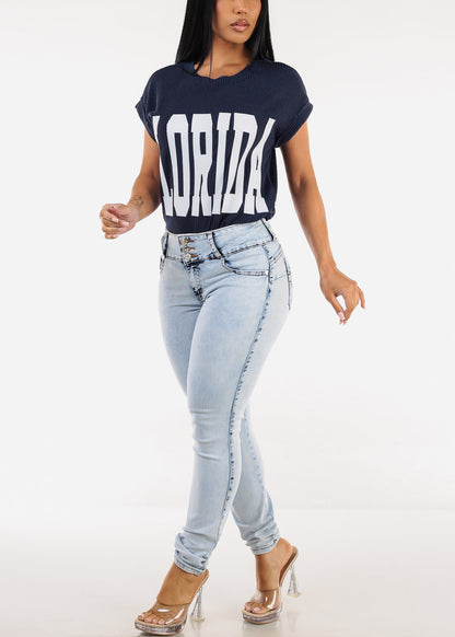 Short Sleeve Sweater Knit Graphic Tee Navy "Florida"