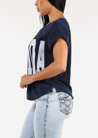 Short Sleeve Sweater Knit Graphic Tee Navy "Florida"