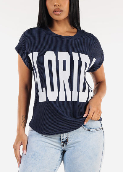 Short Sleeve Sweater Knit Graphic Tee Navy "Florida"