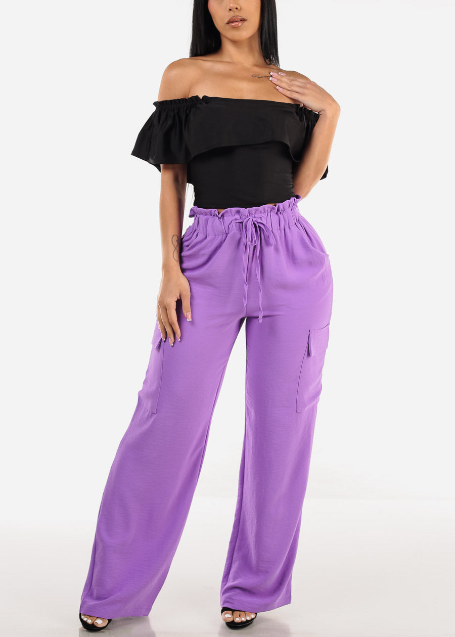 Black Off Shoulder Ruched Crop Top