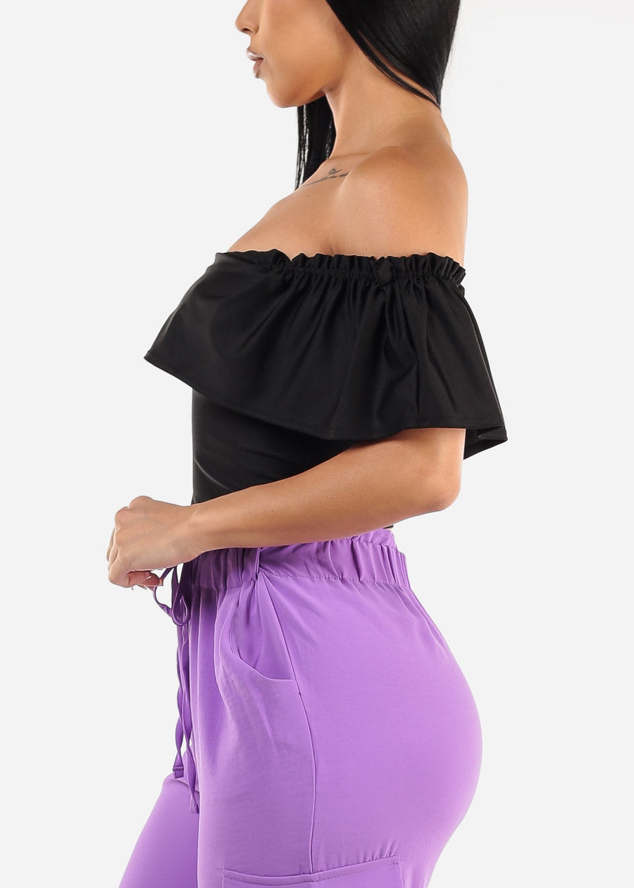 Black Off Shoulder Ruched Crop Top