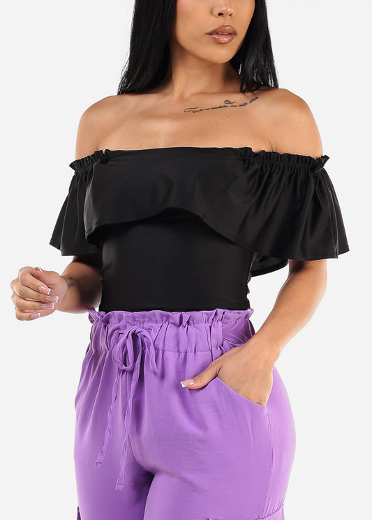 Black Off Shoulder Ruched Crop Top