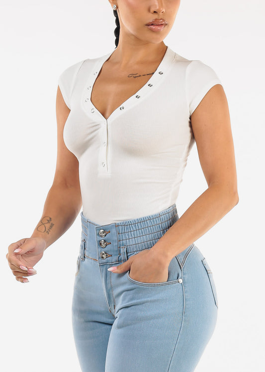 Short Sleeve Stretchy Ribbed Top White