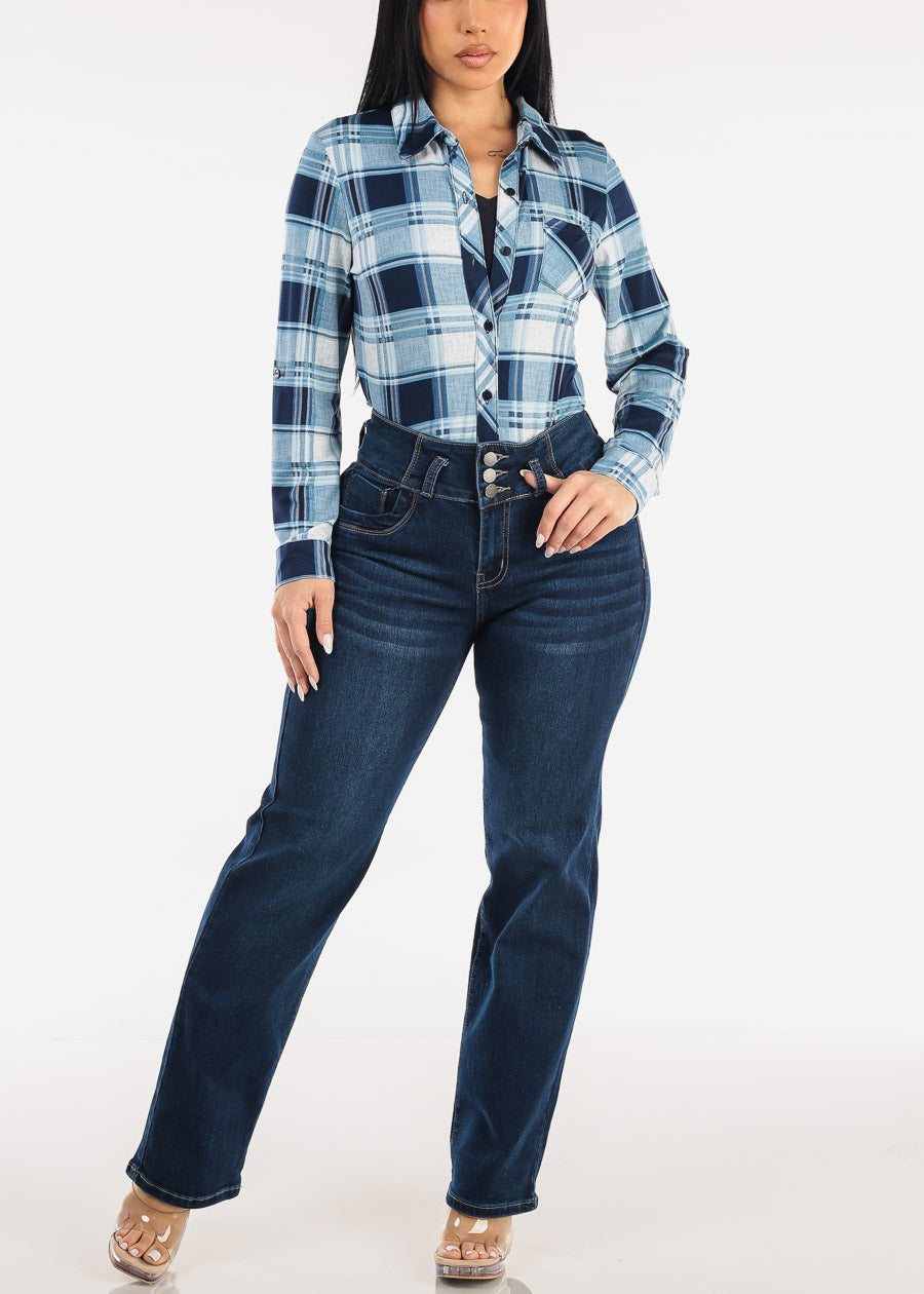 Stretch Long Sleeve Plaid Button Up Collared Blouse Navy & Blue