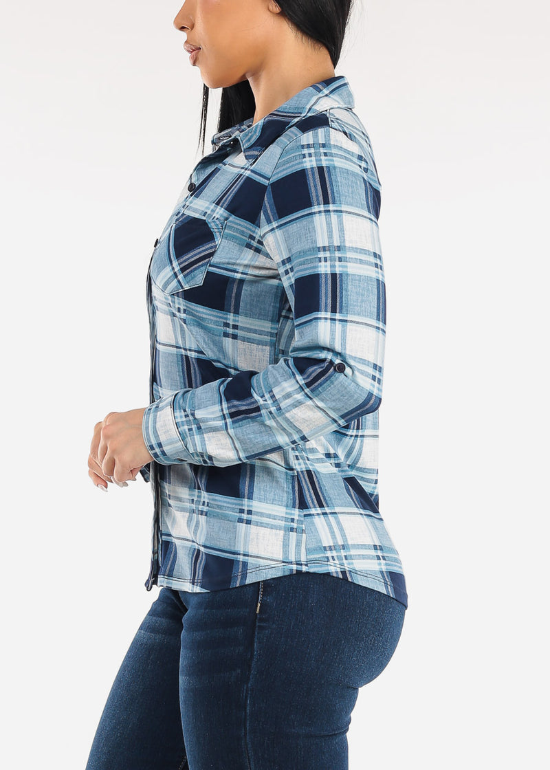 Stretch Long Sleeve Plaid Button Up Collared Blouse Navy & Blue