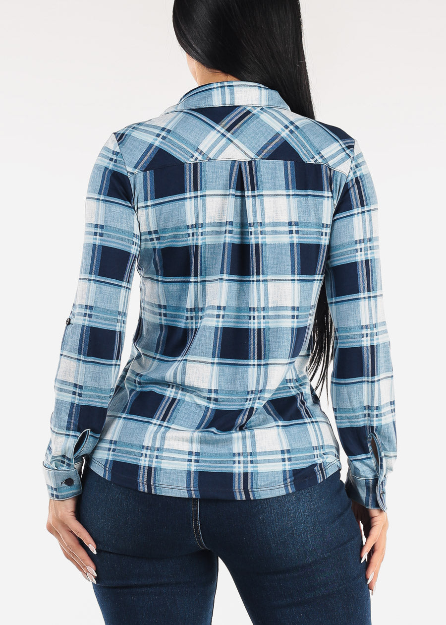 Stretch Long Sleeve Plaid Button Up Collared Blouse Navy & Blue