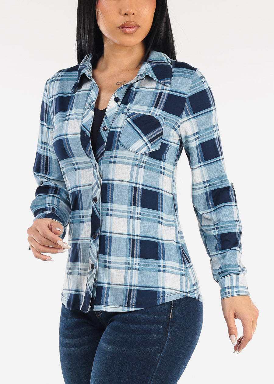 Stretch Long Sleeve Plaid Button Up Collared Blouse Navy & Blue