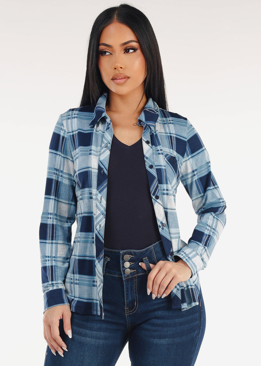 Stretch Long Sleeve Plaid Button Up Collared Blouse Navy & Blue