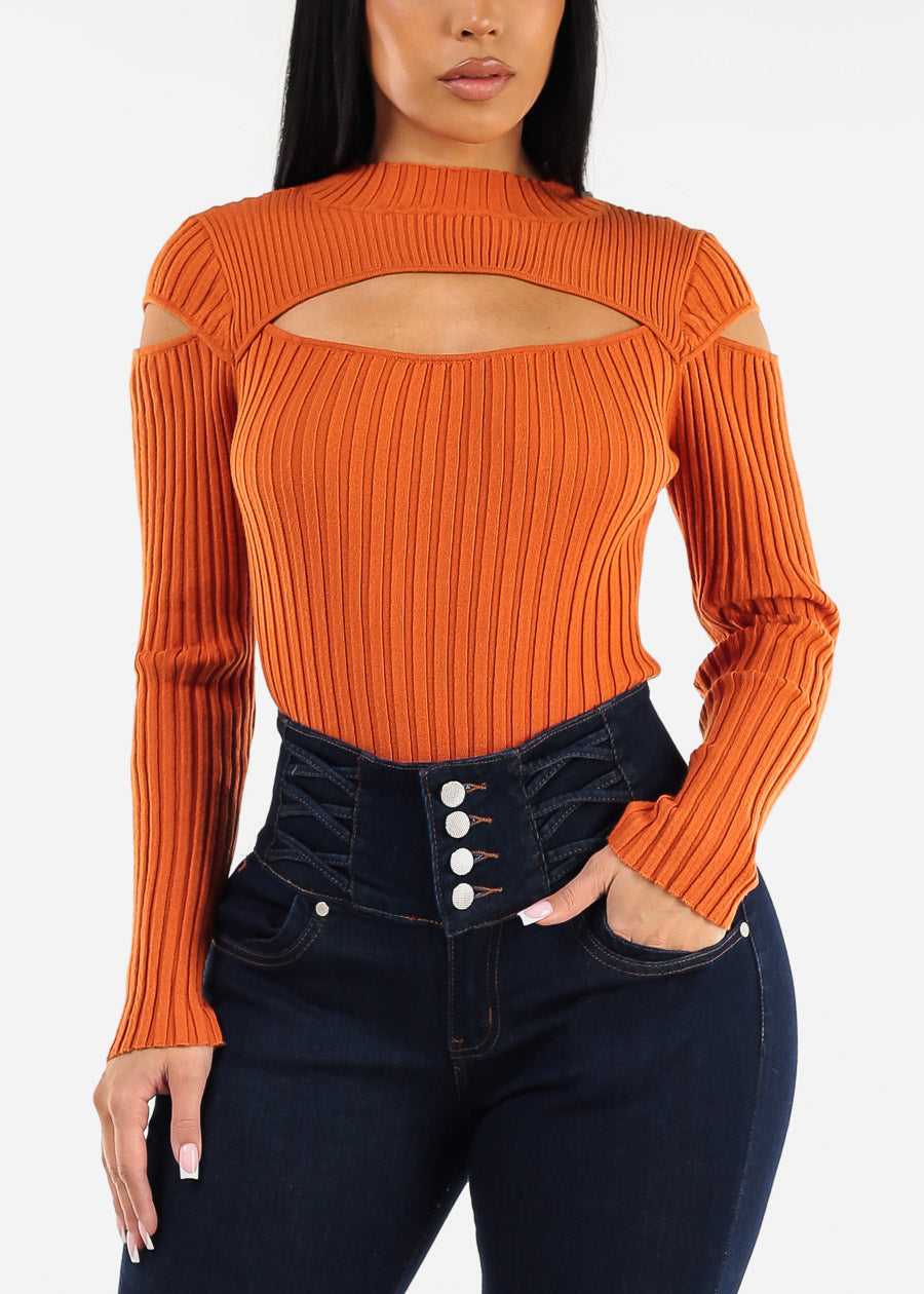 Mock Neck Stretchy Knit Cut Out Light Sweater Orange