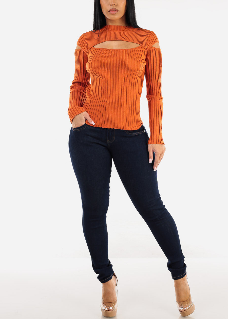 Mock Neck Stretchy Knit Cut Out Light Sweater Orange