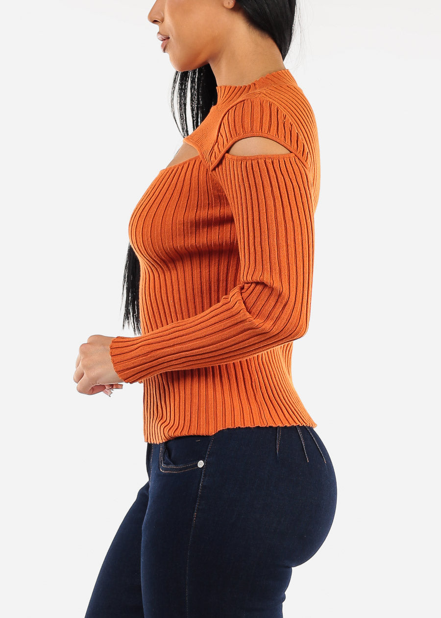 Mock Neck Stretchy Knit Cut Out Light Sweater Orange