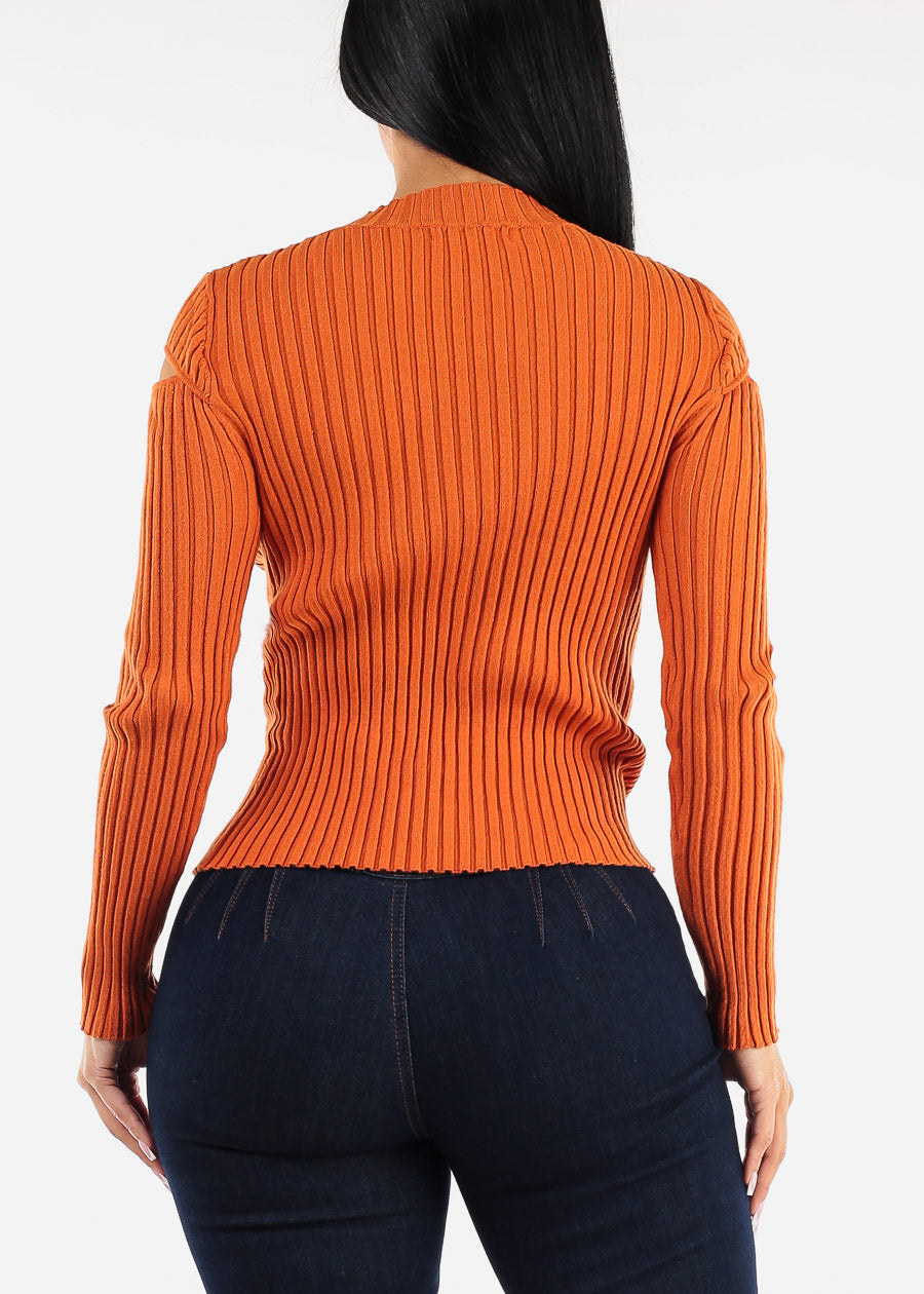 Mock Neck Stretchy Knit Cut Out Light Sweater Orange