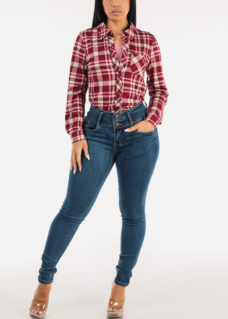 Stretch Long Sleeve Plaid Button Up Collared Blouse Burgundy