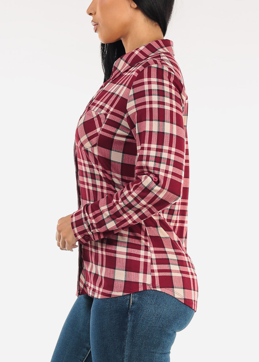 Stretch Long Sleeve Plaid Button Up Collared Blouse Burgundy