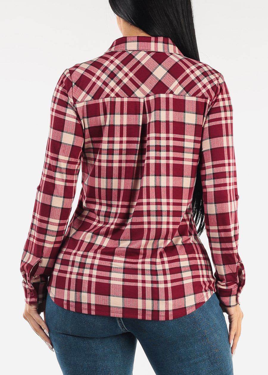 Stretch Long Sleeve Plaid Button Up Collared Blouse Burgundy