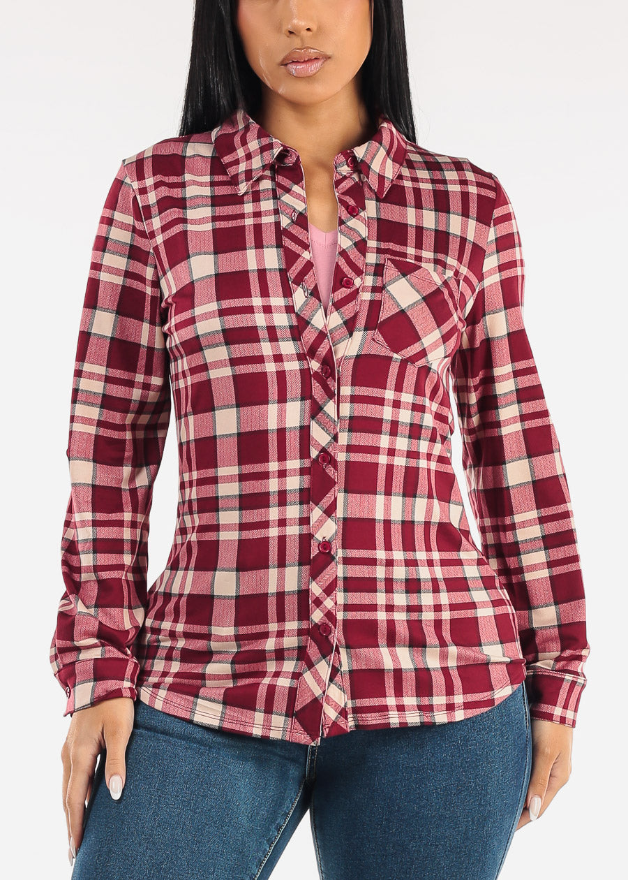 Stretch Long Sleeve Plaid Button Up Collared Blouse Burgundy