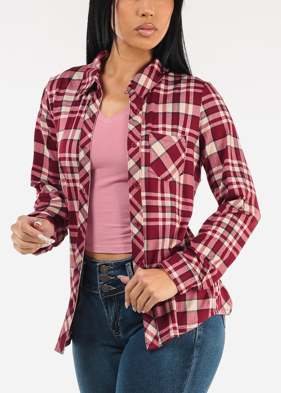 Stretch Long Sleeve Plaid Button Up Collared Blouse Burgundy