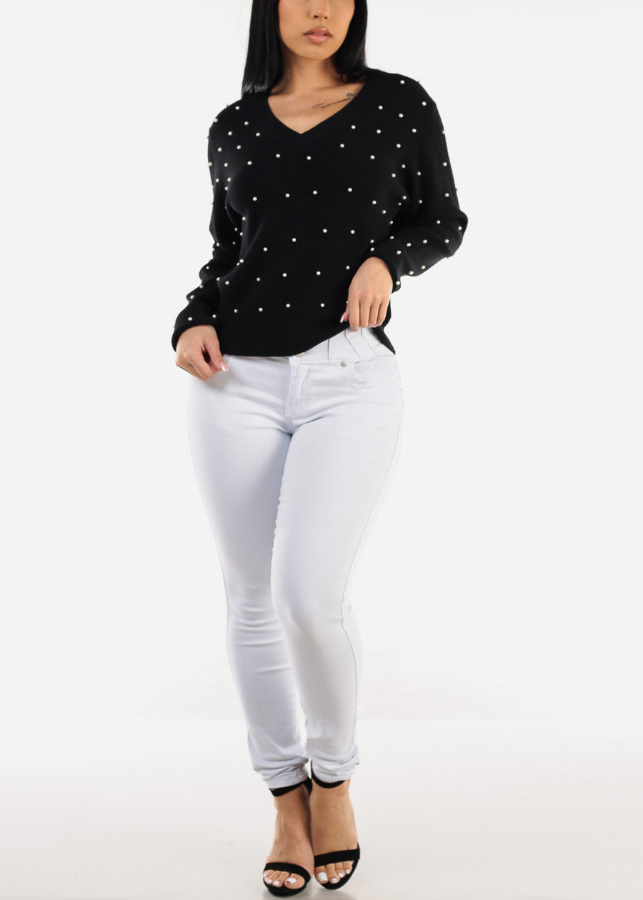 Long Sleeve Vneck Black Pearl Sweater