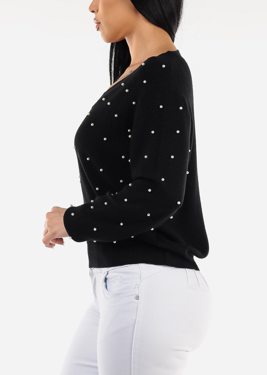 Long Sleeve Vneck Black Pearl Sweater