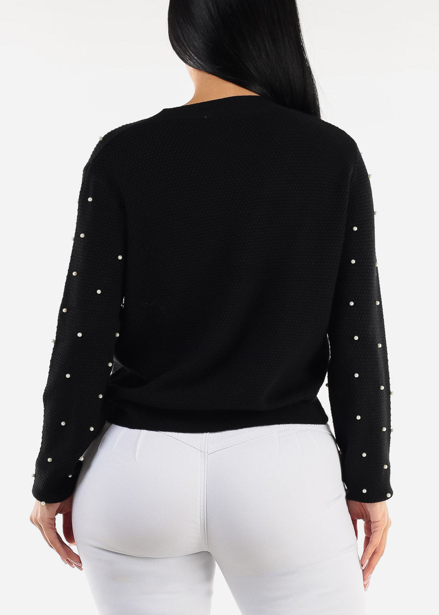 Long Sleeve Vneck Black Pearl Sweater