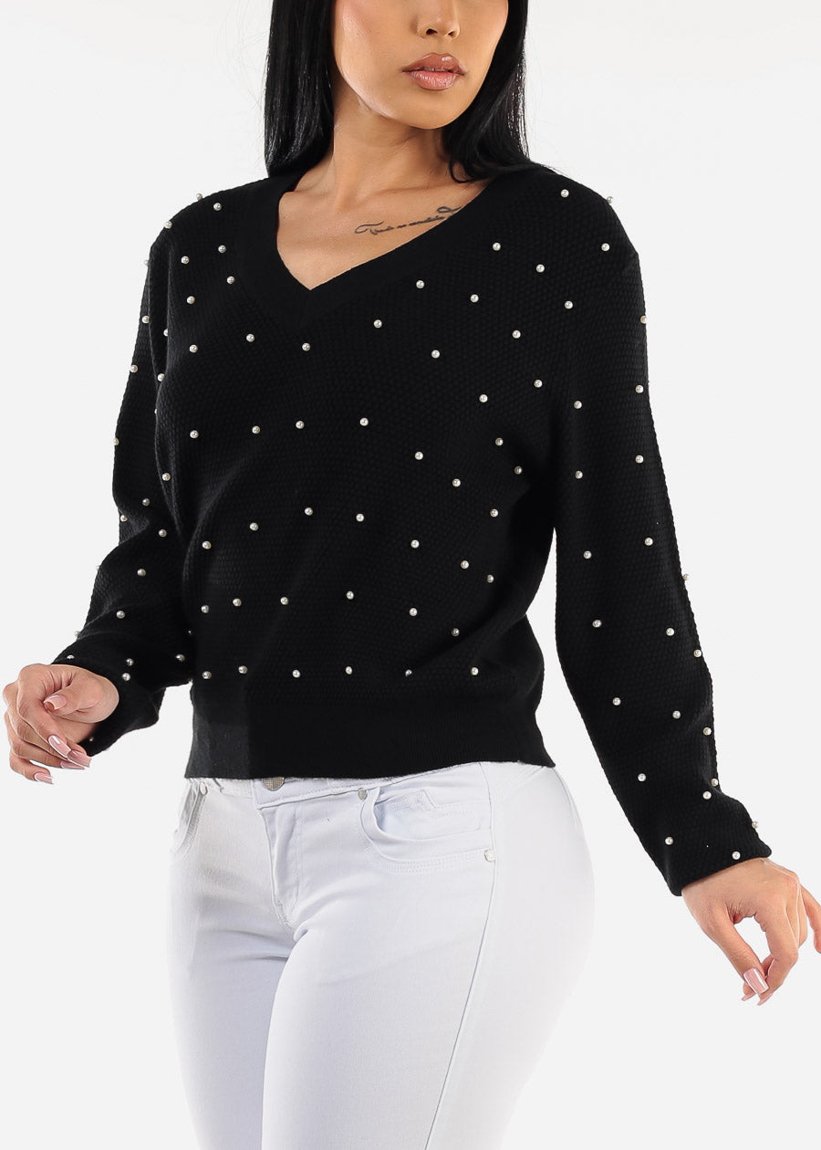 Long Sleeve Vneck Black Pearl Sweater