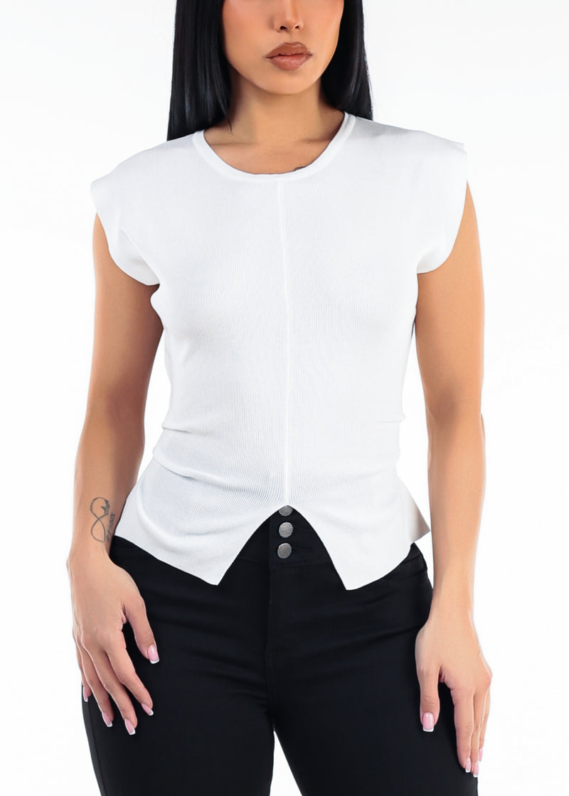 Stretch Sleeveless Round Neck Sweater Top Off White