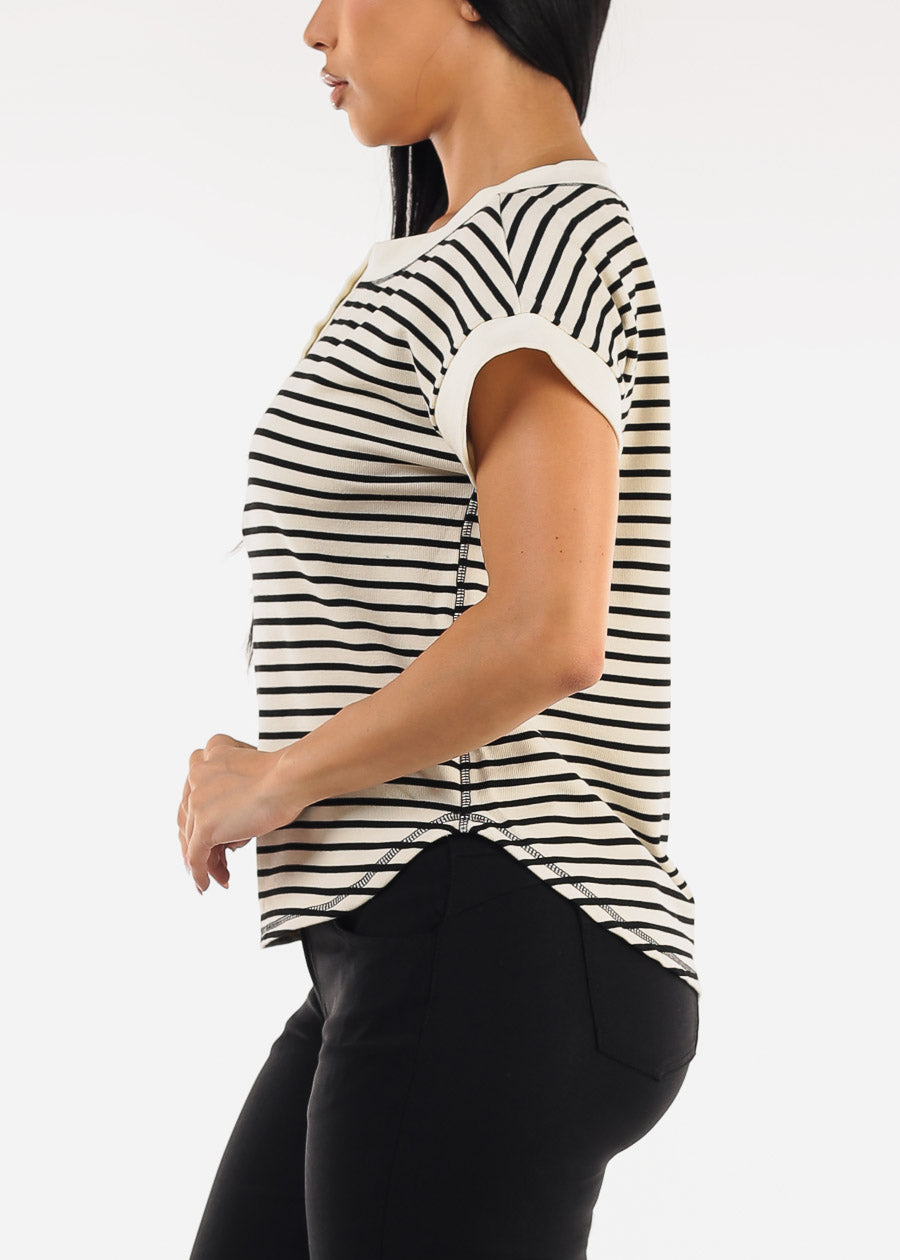 Short Sleeve Half Button Up Stripe Stretch Top Black & White