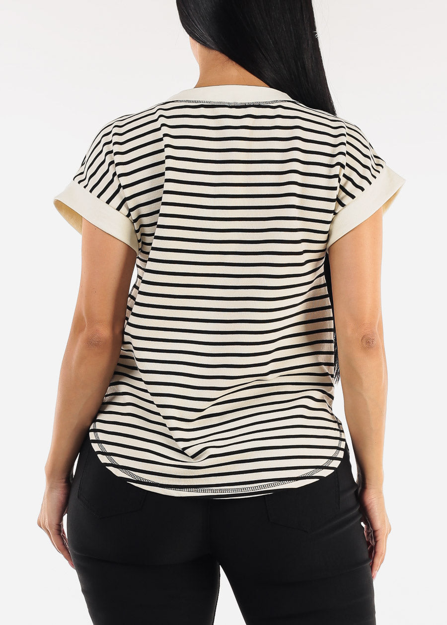 Short Sleeve Half Button Up Stripe Stretch Top Black & White