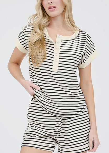 Short Sleeve Half Button Up Stripe Stretch Top Black & White