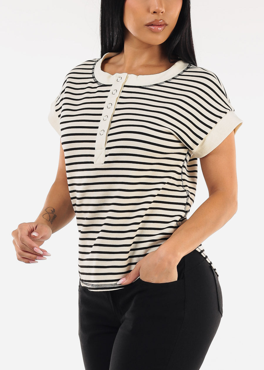 Short Sleeve Half Button Up Stripe Stretch Top Black & White