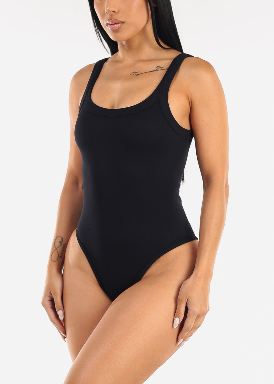 Sleeveless Ribbed Scoop Neck Cami Bodysuit Black