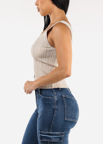 Sleeveless Vneck Knitted Stretch Top Oatmeal