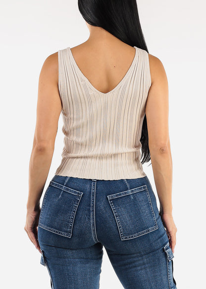 Sleeveless Vneck Knitted Stretch Top Oatmeal